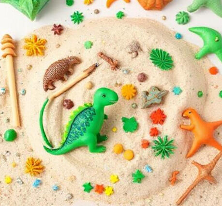 Dino Sensory Kit Dinosaur themed Sensory play kit rental package with sand, dinosaurs, tools and playful trinkets.