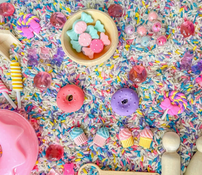 Sweets Sensory Kit Birthday themed sensory play kit with rice and tools